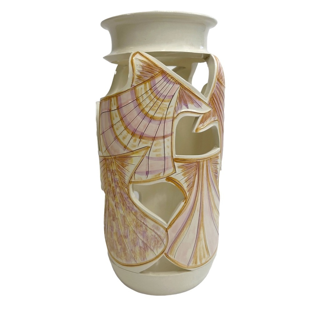 Handmade Artist Signed Ceramic Seashells Beach Cut Out Vase